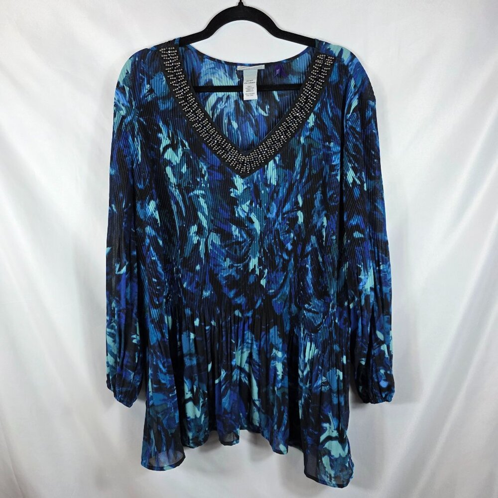 Catherines Tunic Top Blouse Women's Size 3XWP 26/28WP Black & Blue Abstract